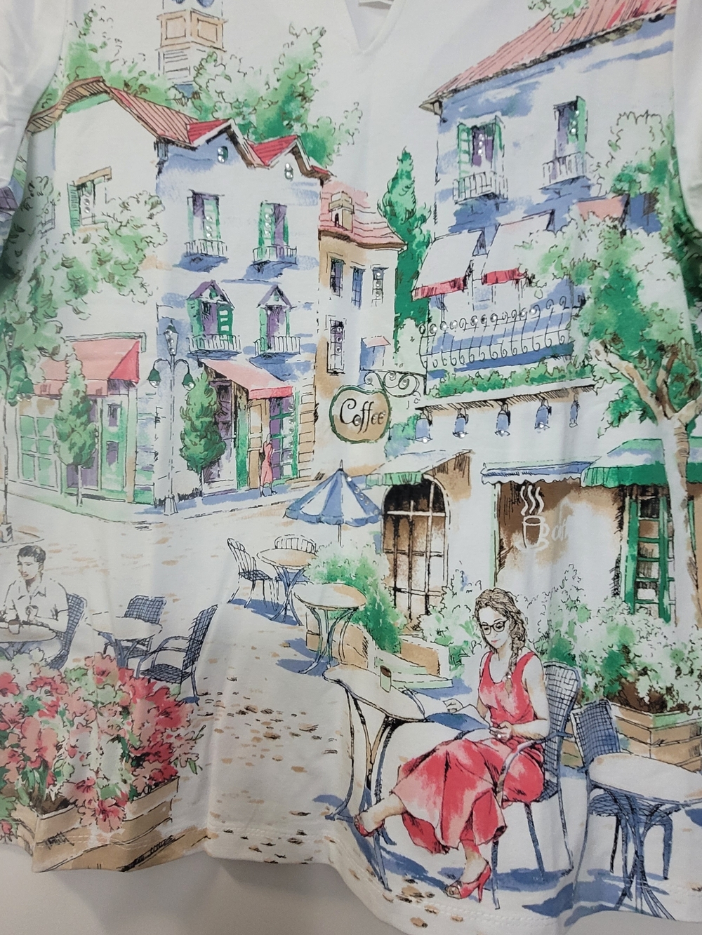 Alfred Dunner Scenic Café Print Tee - White with Pastel Watercolor - Picture 2 of 3
